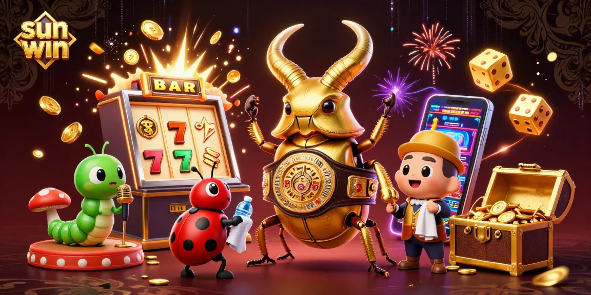 Experience the excitement of sun win with a dynamic casino scene featuring game symbols, 3D characters, and jackpot visuals.
