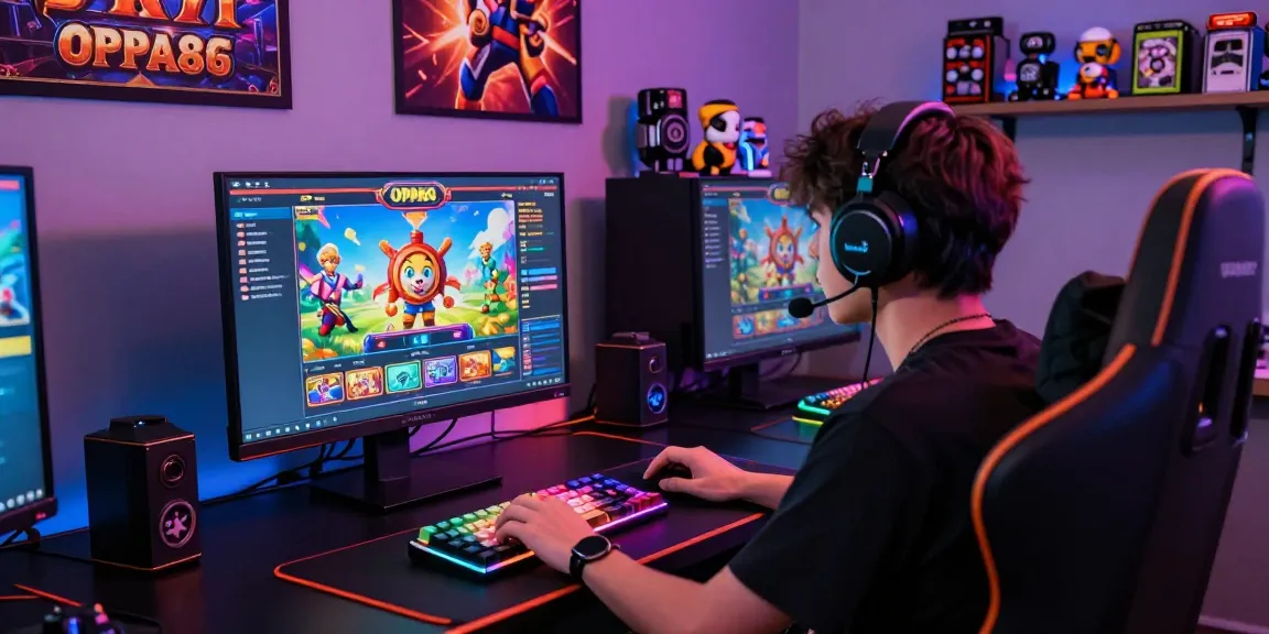 Enjoy thrilling online gaming with OPPA86 featuring vibrant slot graphics and immersive gaming setup.