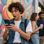 Deutsche Instagram Follower kaufen: Stilvolle Influencerin prüft Social Media-Zahlen in einer urbanen Umgebung.