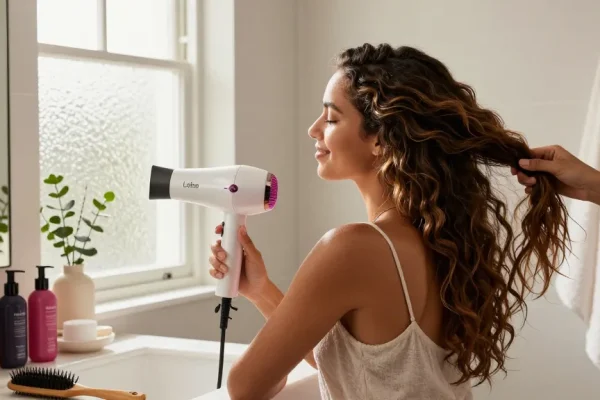 Moderne Badezimmer Szene mit Laifen Föhn, fröhliche Frau stylt ihre Haare.