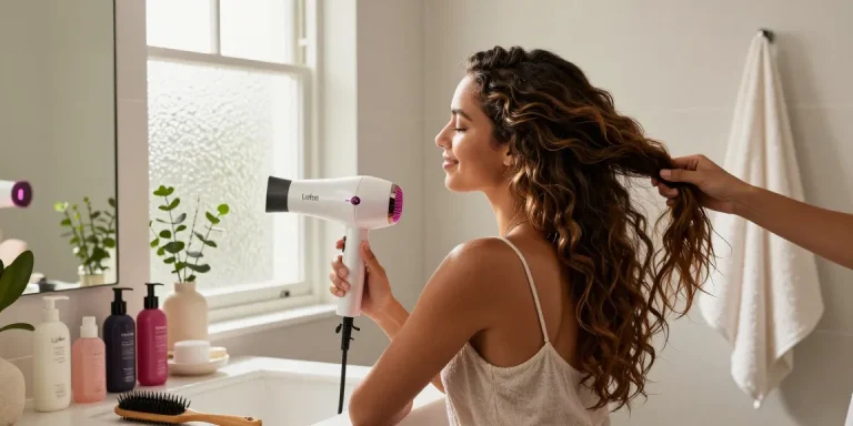 Moderne Badezimmer Szene mit Laifen Föhn, fröhliche Frau stylt ihre Haare.