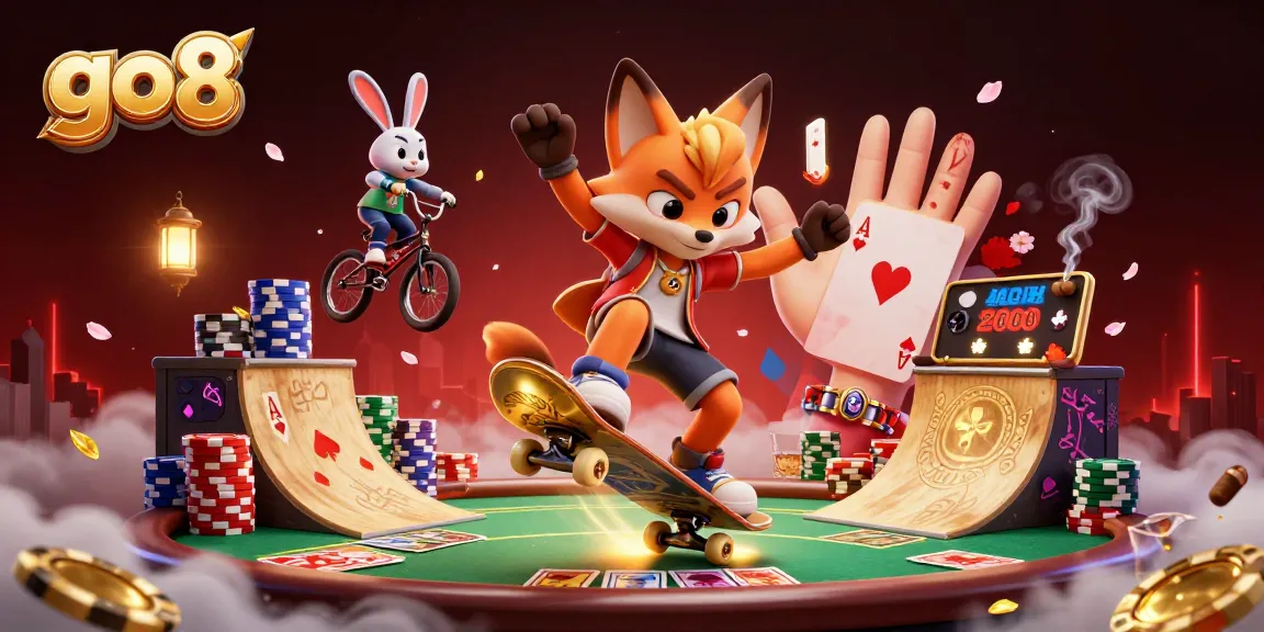Experience the excitement of go8 with a vibrant 3D scene featuring animated casino elements.