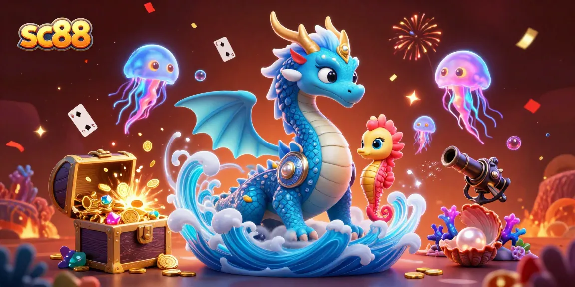 Experience the thrill of sc88 with vibrant underwater casino action featuring a dragon and a seahorse knight.