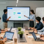 Team collaborating to build internal tools with AI in a modern workspace.