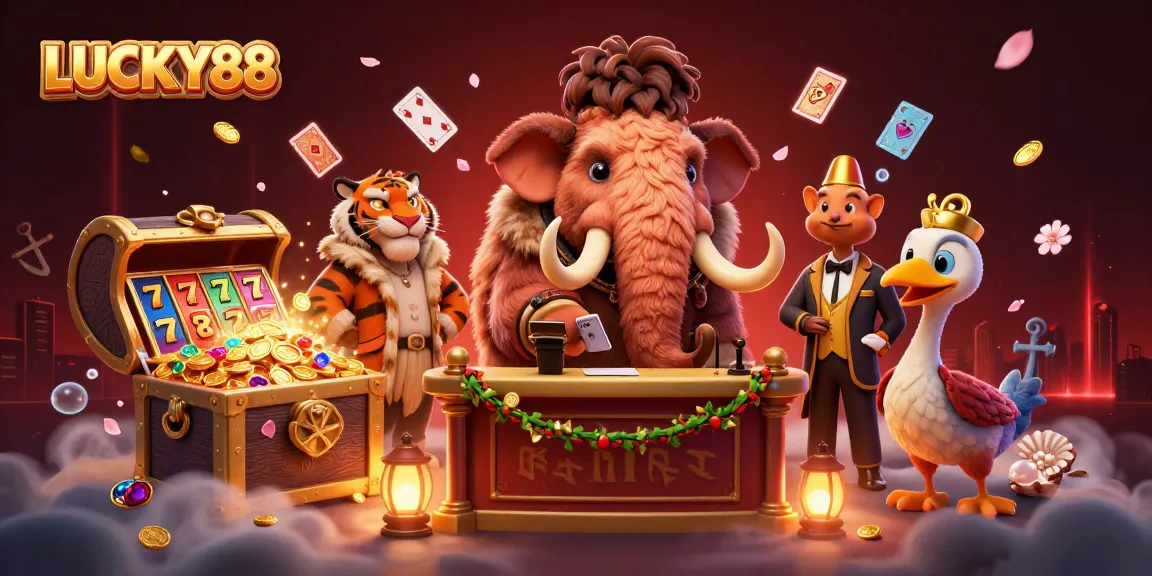 LUCKY88 captures a vibrant casino scene with a bouncer, VIP, and doorman by a treasure chest.